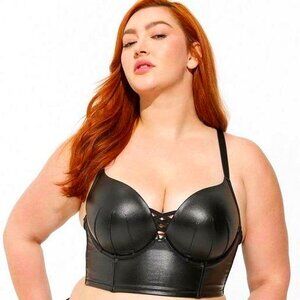 Torrid - XO Longline Plunge Push-Up Bra - Rich Black Faux Leather, 44C